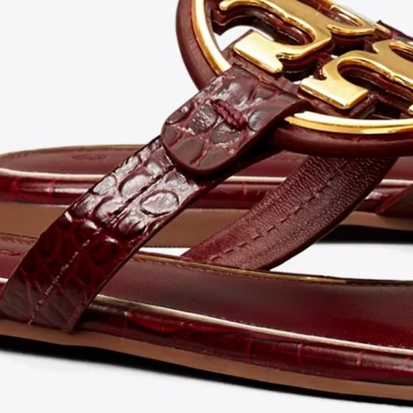 Tory Burch Metal Miller Croc Embossed Logo Sandals Burgundy Roma Red MANY SIZES! - Picture 10 of 13